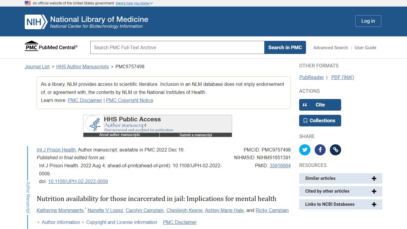 Nutrition availability for those incarcerated in jail: Implications for ...
